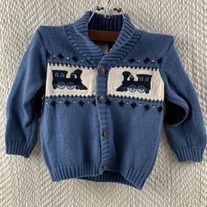 Gymboree Baby Cardigan Sweater 12-18 Months Blue Train Embroidered Fair Isle EUC